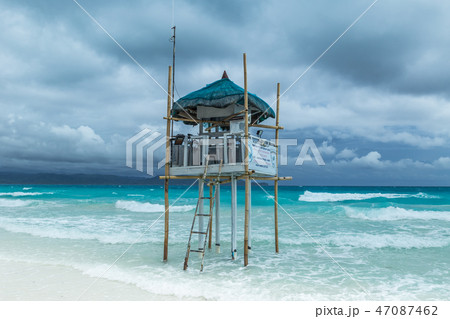 Beach guard rescue tower in Boracay at cloudy day, Philippines 47087462