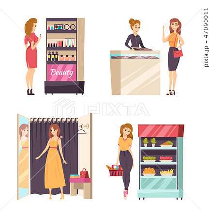 Woman Shopping Trying Clothes Dress Set Vector 47090011