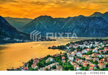 Sunset above the town and the Bay of Kotor in Montenegro 47092393
