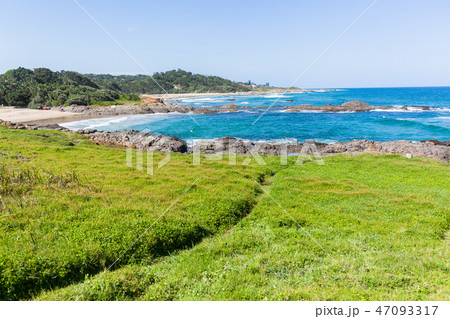 Beach Blue Ocean Waters Rocky Cove Coastline 47093317