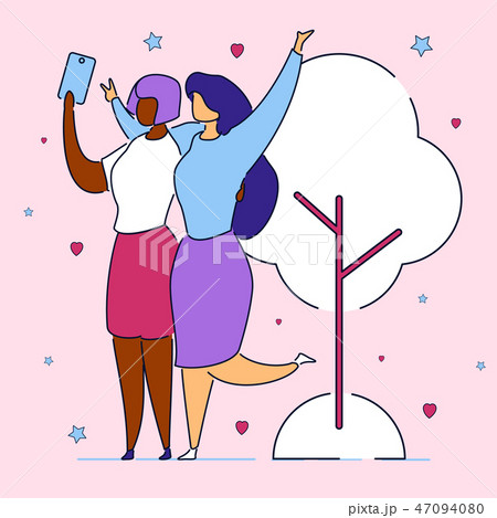 Modern flat cartoon characters express emotions on selfie camera,doing self photo on party,concert Modern flat cartoon characters express emotions on selfie camera,doing self photo on party,concert 47094080