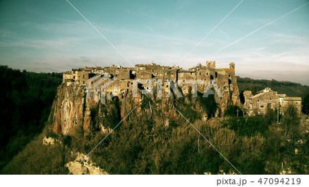 Aerial view of comune and town of Calcata centre built on high rock. Lazio, Italy 47094219