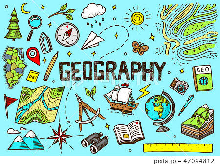 Set of geography symbols. Equipments for web banners. Vintage outline sketch for web banners. Doodle 47094812