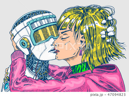 Artificial intelligence concept. Robot and man, Woman and man kiss. Concept love couple. Replicant 47094823