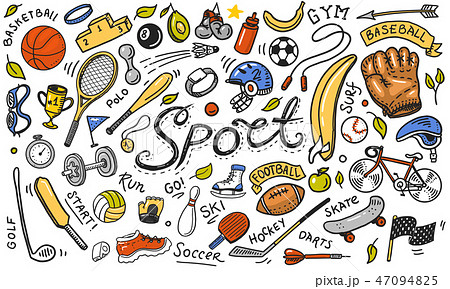 Set of sport icons doodle style. Equipment for fitness and training. Symbols of health and activity 47094825