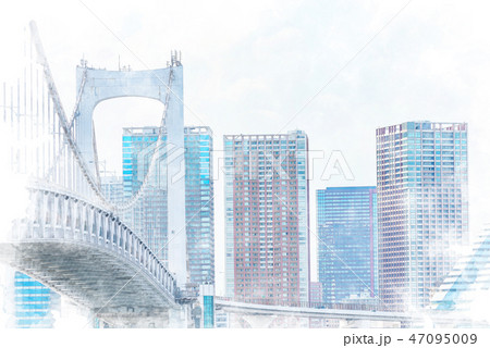 レインボーブリッジと高層マンション　水彩画風 47095009
