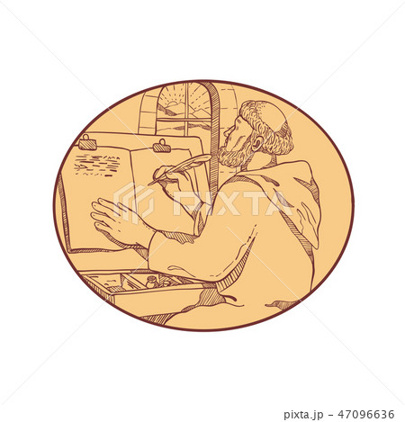 Medieval Monk Writing Illuminated Manuscript Color 47096636