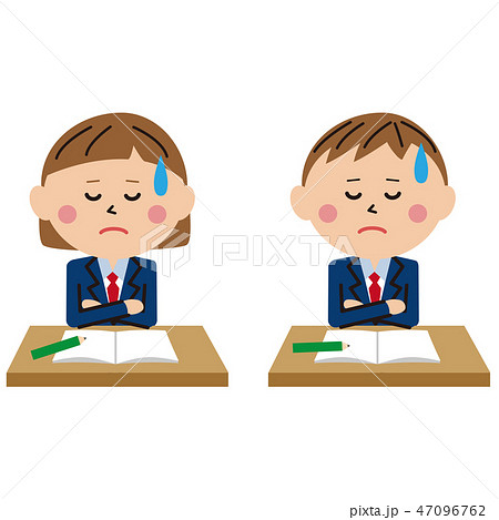 ポップな学生服の男女 机で勉強困るのイラスト素材