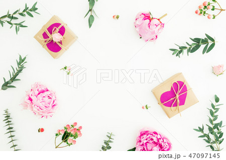Floral frame of pink peonies, roses, hypericum Floral frame of pink peonies, roses, hypericum 47097145