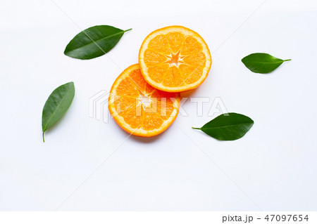 Fresh orange citrus fruits with leaves on white  47097654