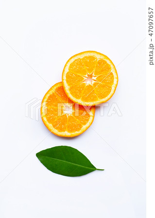 Fresh orange citrus fruit with leave on white  47097657
