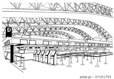 漫画風ペン画イラスト 空港 飛行機のイラスト素材