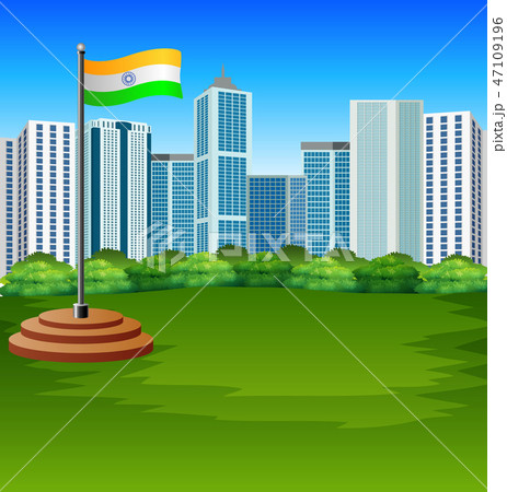 Cartoon Indian flag fluttering with cityscape Cartoon Indian flag fluttering with cityscape 47109196