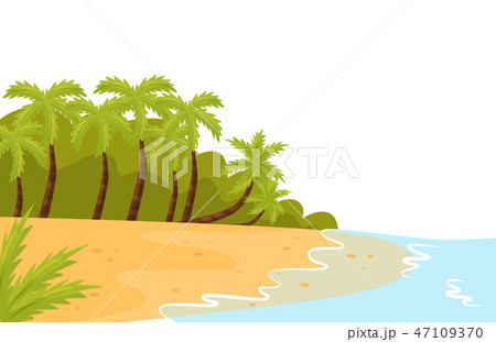 Tropical landscape with ocean shore, sandy beach and palm trees. Summer scenery. Flat vector for 47109370
