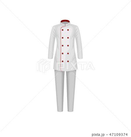Uniform of restaurant cook. Female jacket and pants. Chef wear. Clothes of kitchen worker. Flat 47109374