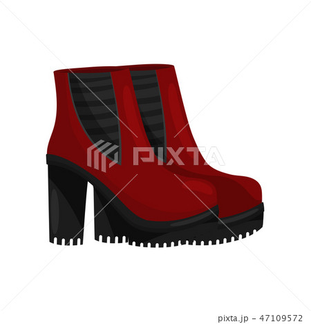 Pair of stylish female boots with high heels, side view. Bright red women shoes. Trendy footwear Pair of stylish female boots with high heels, side view. Bright red women shoes. Trendy footwear 47109572