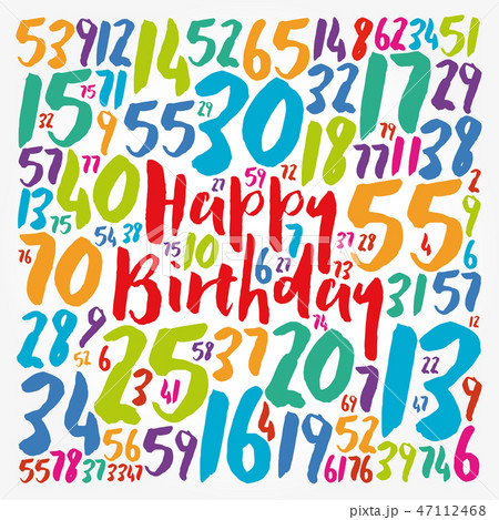 Happy Birthday word cloud collage with numbers 47112468