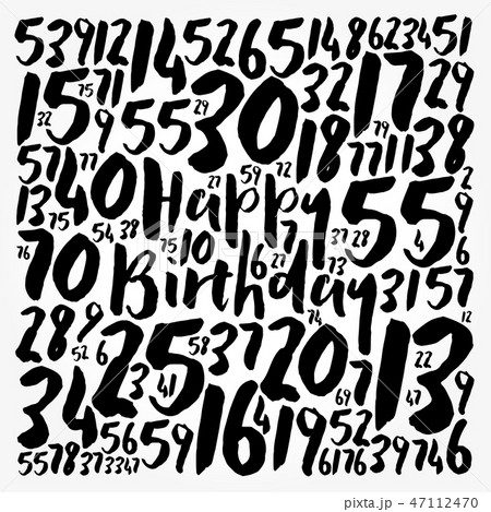 Happy Birthday word cloud collage with numbers 47112470