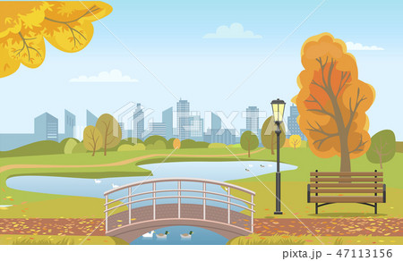 Autumn City Park with Pond and Ducks under Bridge 47113156