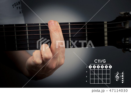 Guitar chord on a dark background. The C eleventh is a six-note chord. C11 tab fingering 47114030