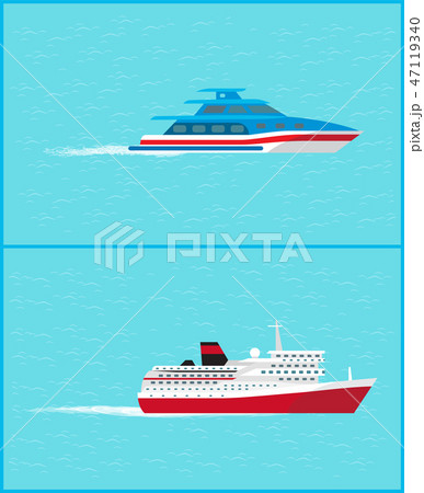 Cruise Liner and Yacht Leave Traces Water Sailing Cruise Liner and Yacht Leave Traces Water Sailing 47119340