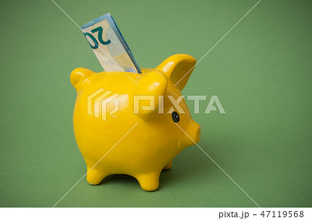twenty euros bank note in yellow piggy bank  47119568