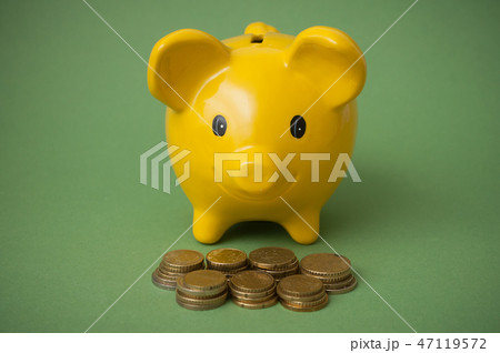 euros coins in front of yellow piggy bank  47119572