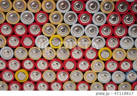 red and silver aa alkaline batteries stack 47119617