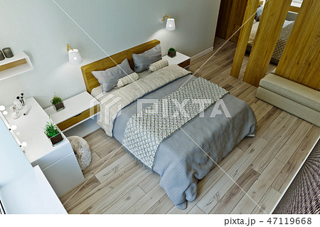 Modern bedroom interior in warm colors with wood p 47119668