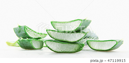 Close-Up Of Aloe Vera Slice On White Background Close-Up Of Aloe Vera Slice On White Background 47119915