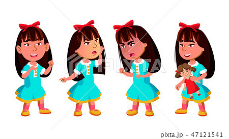 Asian Girl Kindergarten Kid Poses Set Vector. Preschool. Young Positive Person. Beauty. For Banner Asian Girl Kindergarten Kid Poses Set Vector. Preschool. Young Positive Person. Beauty. For Banner 47121541