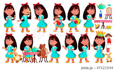 Asian Girl Kindergarten Kid Poses Set Vector. Baby Expression. Preschooler. For Card, Advertisement Asian Girl Kindergarten Kid Poses Set Vector. Baby Expression. Preschooler. For Card, Advertisement 47121544