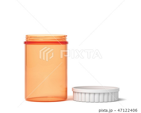 3d rendering of a transparent orange plastic jar with a white lid beside on a white background. 47122406