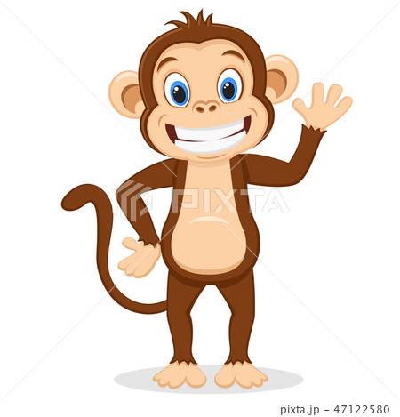 Monkey Smiles And Waves His Paw On A Whiteのイラスト素材