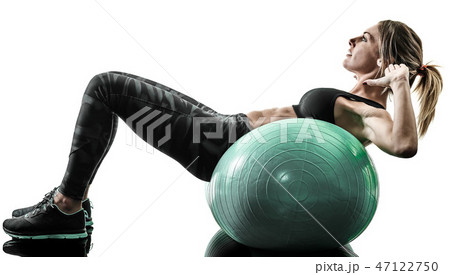woman pilates fitness swiss ball exercises silhouette isolated woman pilates fitness swiss ball exercises silhouette isolated 47122750