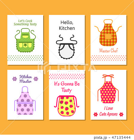 Colorful kitchen aprons with patterns icons set...のイラスト素材 [47135444 ...