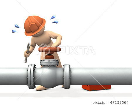 太いバルブを必死に修繕するエンジニアのイラスト素材
