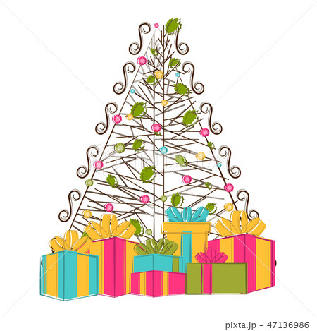 Sketch of a christmas tree with presents 47136986