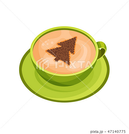Green cup of fresh coffee with drawing of fir tree on foam of cinnamon powder. Latte art. Flat 47140775