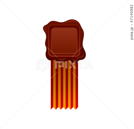Brown square-shaped wax seal with striped red-yellow ribbon. Vintage object. Vector element for 47140982