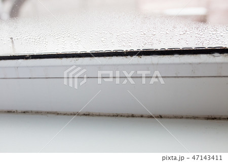 mold on a foggy plastic window of white color. Close-up 47143411