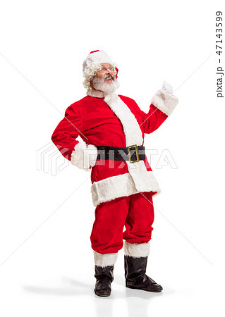Hey, hello. Holly jolly x mas festive noel. Full length of funny santa in headwear, costume 47143599
