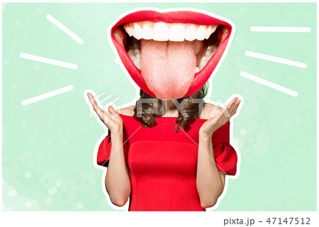 Collage in magazine style with happy emotions and female lips instead of head. Collage in magazine style with happy emotions and female lips instead of head. 47147512