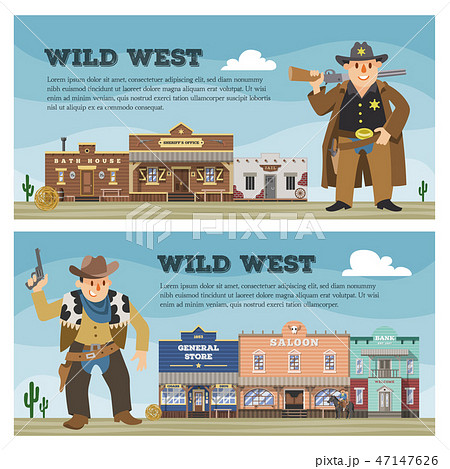 Wild west vector cowboy character saloon western building house in street countryside illustration 47147626