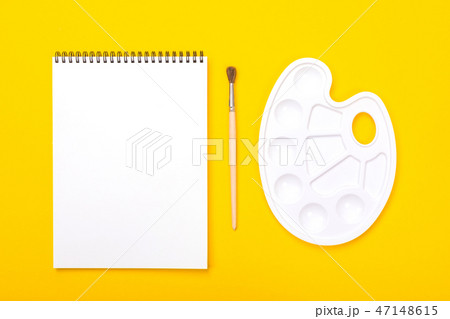 Plastic art palette with album for painting and brush on orange background Plastic art palette with album for painting and brush on orange background 47148615