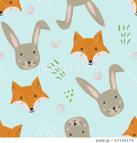 Cute Cartoon Pattern With Fox Hare And Grassのイラスト素材