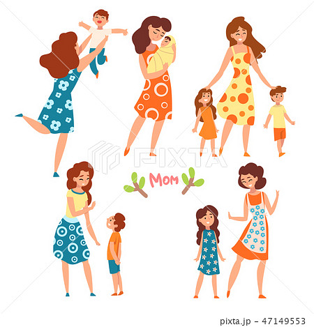 Mothers and their kids set, moms talking, walking and having a good time with their children set Mothers and their kids set, moms talking, walking and having a good time with their children set 47149553