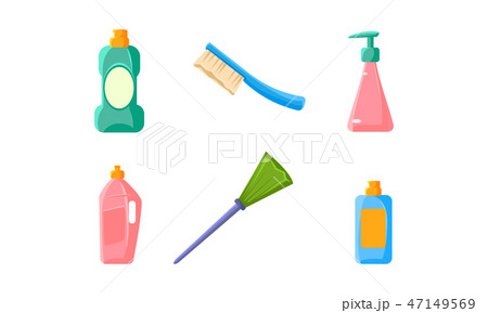 Plastic bottles of cleaning products, broom, brush, household chemicals and tools vector 47149569