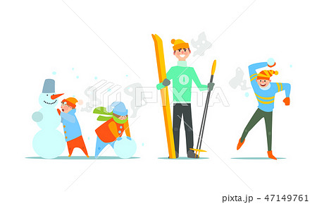 People performing winter activities, warmly dressed people skiing, playing snowballs, making snowman People performing winter activities, warmly dressed people skiing, playing snowballs, making snowman 47149761