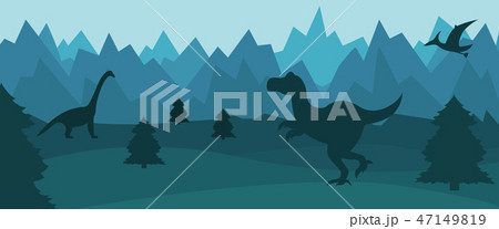 mountain landscape with silhouettes of dinosaurs. 47149819